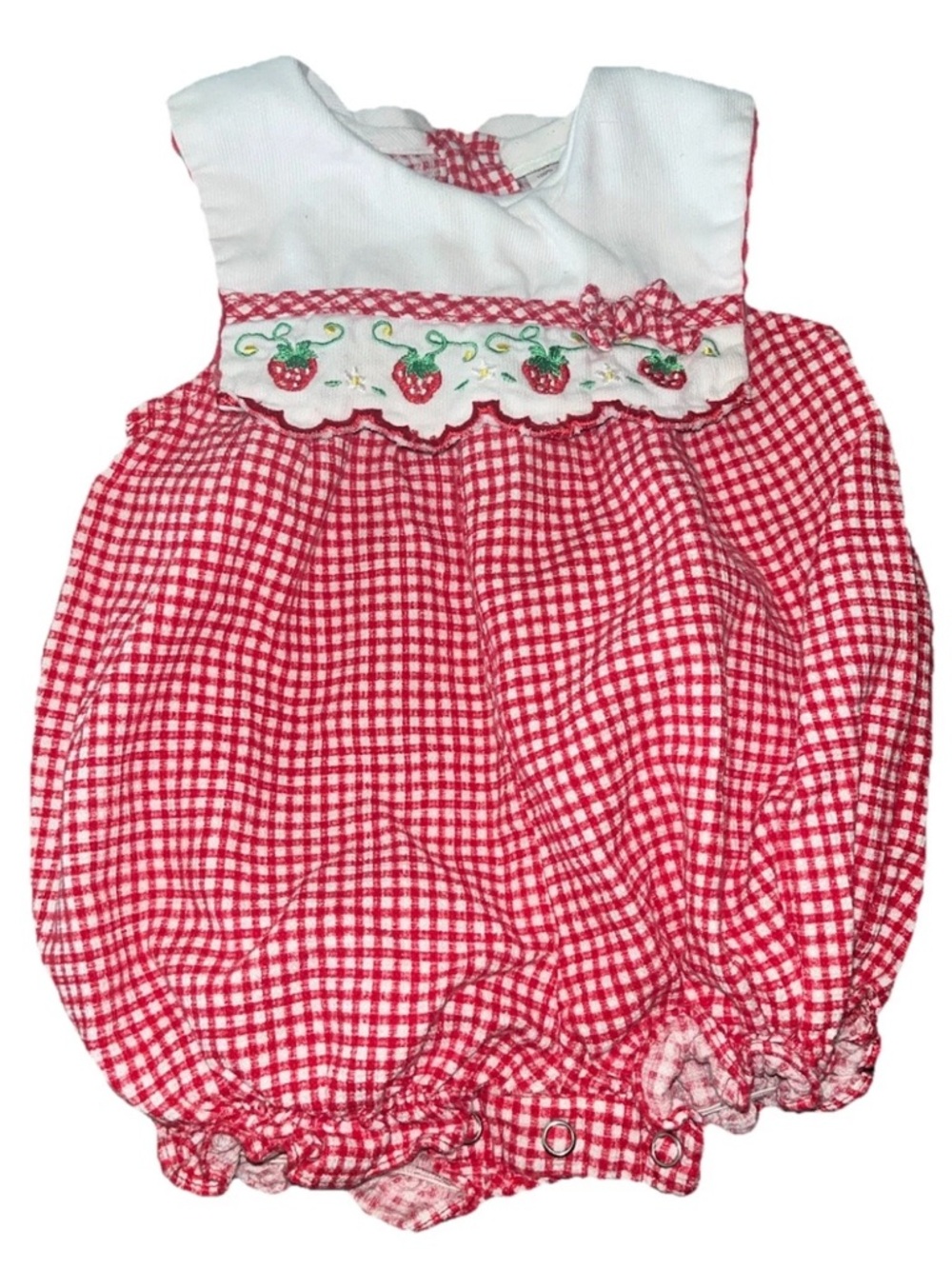 Red Gingham Baby Bubble Romper with Embroidered Strawberries Vintage Y2K